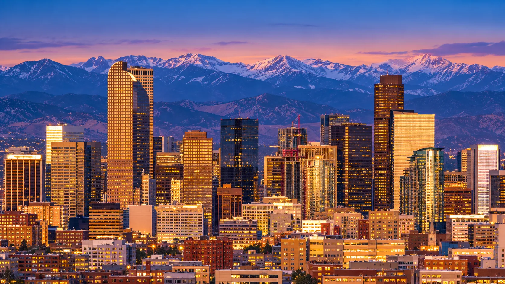 The Denver skyline at dusk, with the snow-capped Front Range of the Rocky Mountains behind it